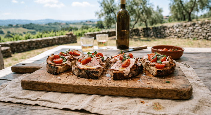 Bruschette con porchetta di Ariccia, pomodorini e basilico