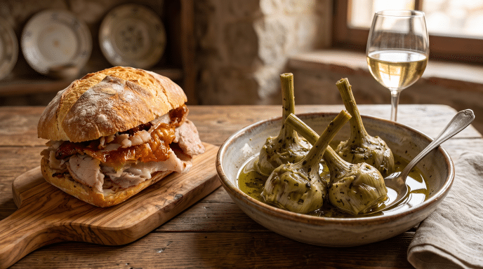 Porchetta di Ariccia servita con carciofi alla romana