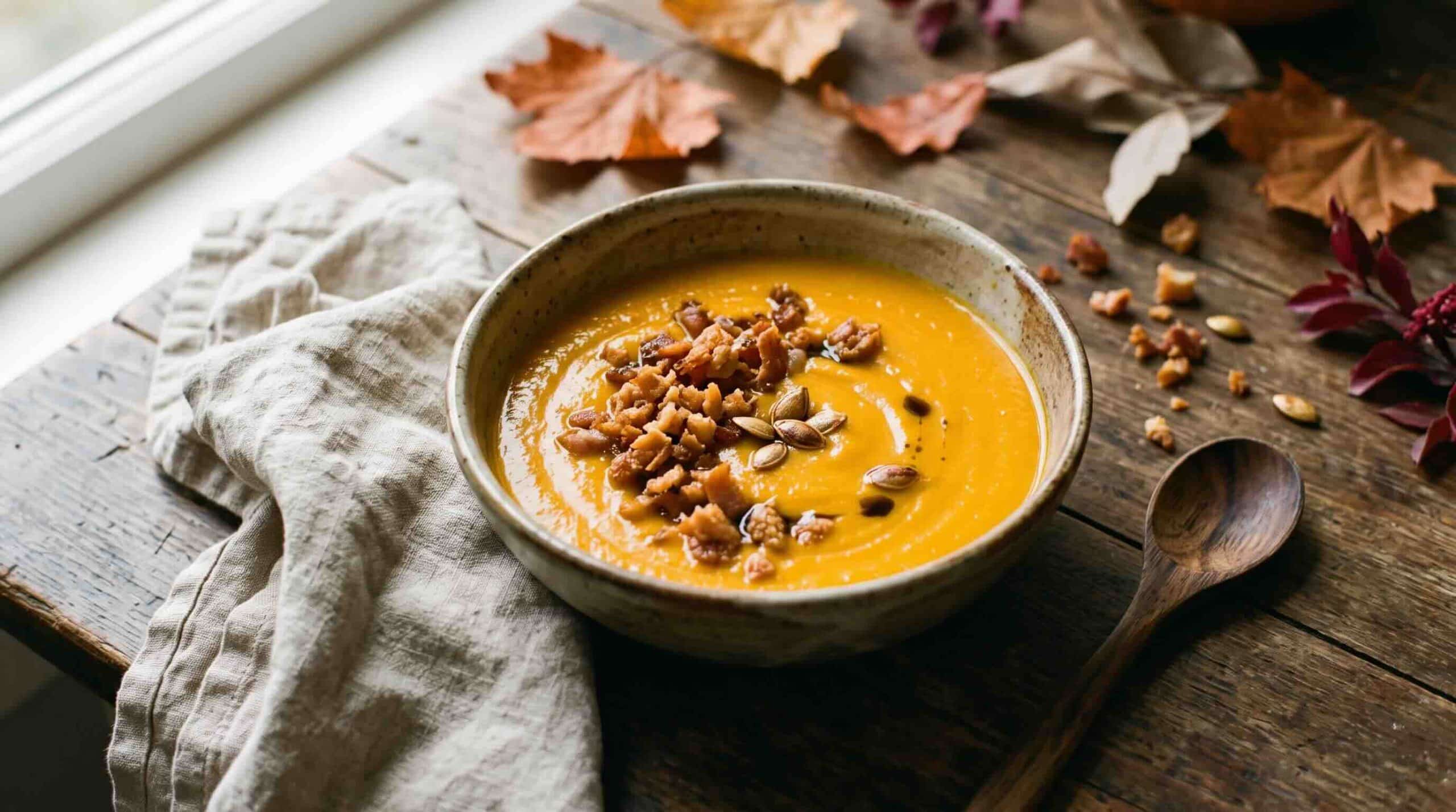 Vellutata di zucca con crumble di porchetta di Ariccia in una ciotola rustica